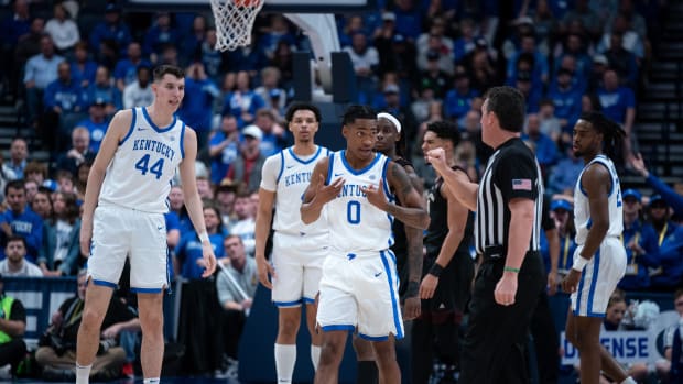 entucky Wildcats guard Rob Dillingham (0) questions a foul call on him against Texas A&M during their SEC Men's Basketball Tournament quarterfinal game at Bridgestone Arena in Nashville, Tenn., Friday, March 15, 2024.at Bridgestone Arena in Nashville, Tenn., Friday, March 15, 2024.